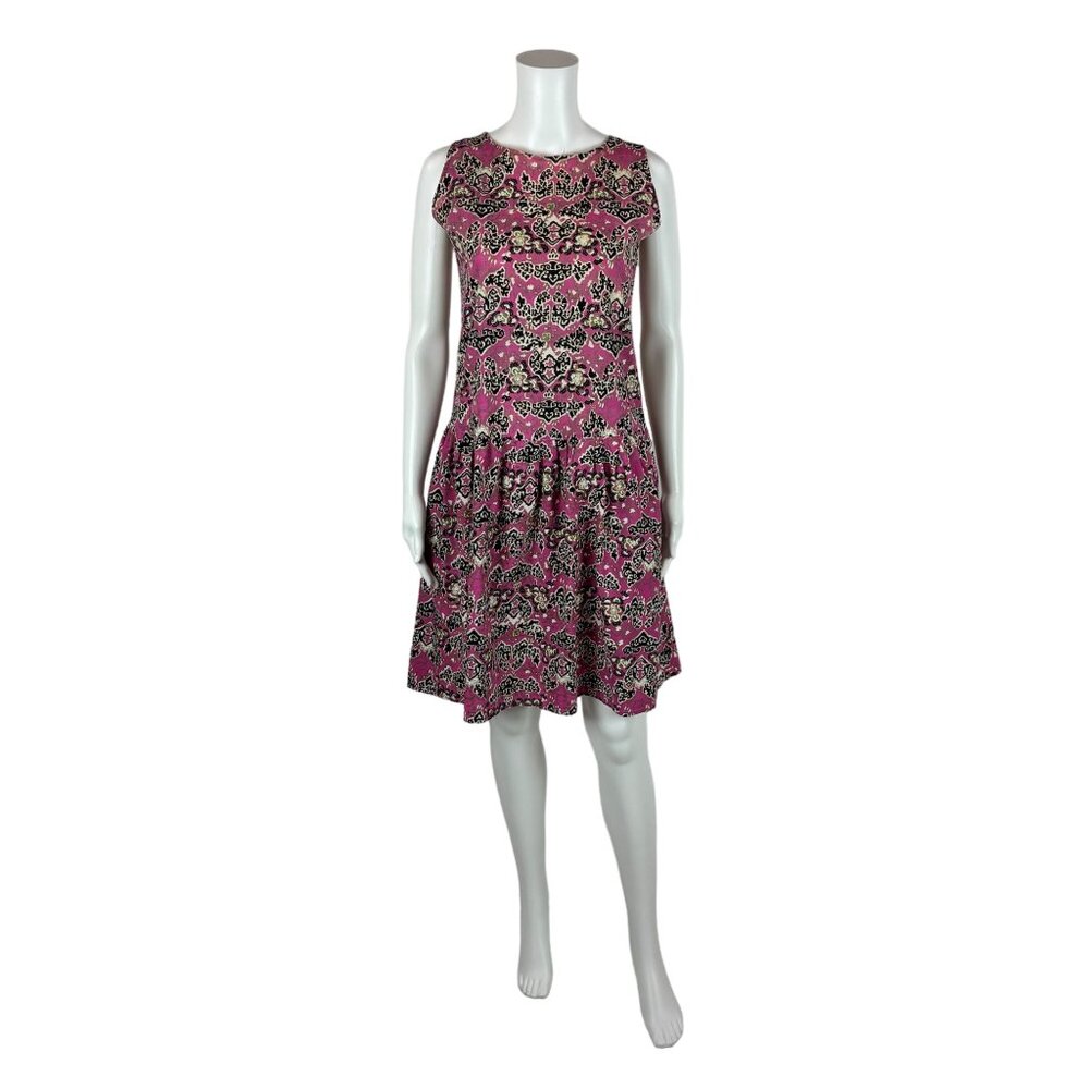 Vintage 80s Printed Dress Women's Small Pink Green Batik Drop Waist Cutout Shift